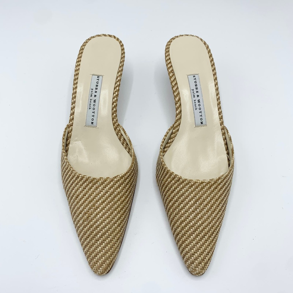 Stubbs & Wootton Woven Tan Pointed-Toe Mules sz 8